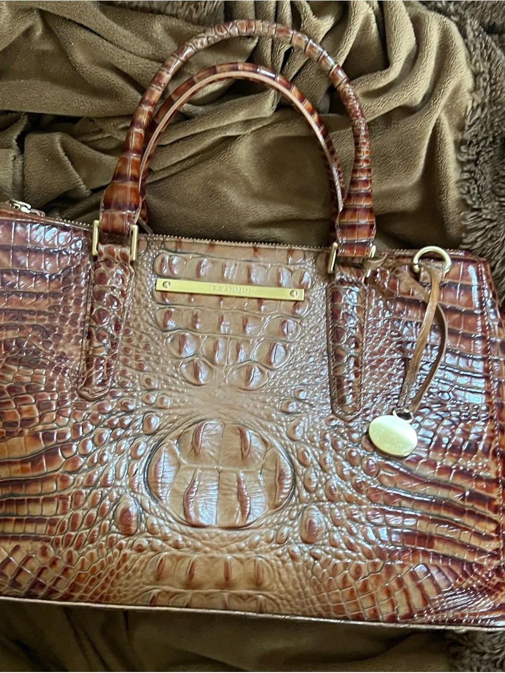 Croc-Embossed Leather Satchel in Rich Brown